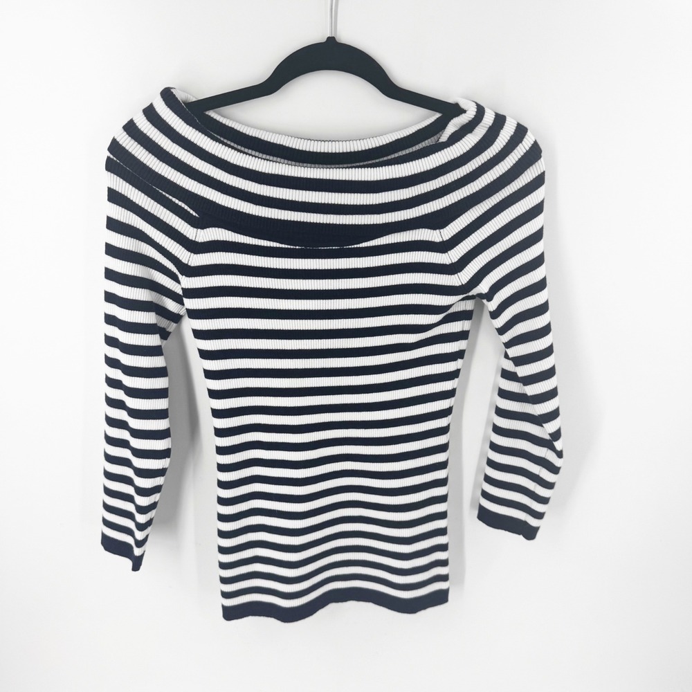 Tuckernuck Black White Striped‎ Ribbed Knit Off the Shoulder Top Size Medium
